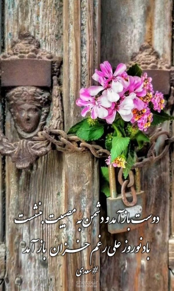 شعر عکس - دوست بازآمد و دشمن به مصیبت بنشست - باد نوروز علی رغم خزان بازآمد